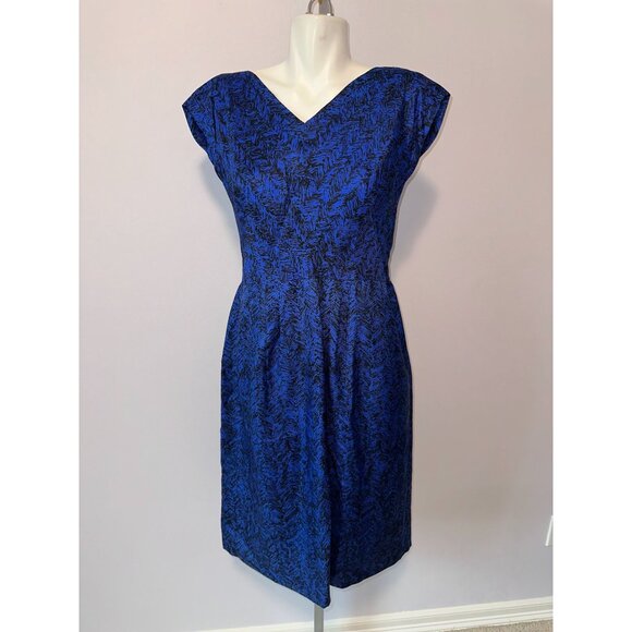 Vtg 50s Hattie Carnegie Blue Black Textured Silk Sheath Dress w/ Shrug Medium - Picture 4 of 12